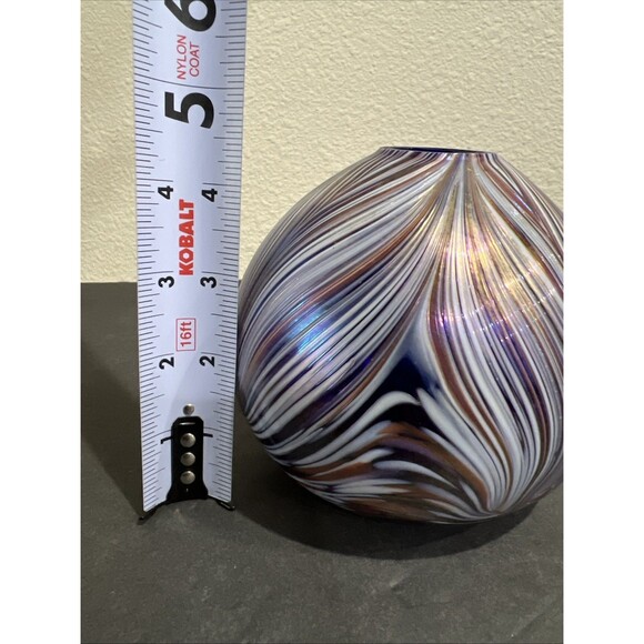 Art Glass Globe Vase with Purple Blue Brown Swirls Sphere Vintage - Picture 7 of 15